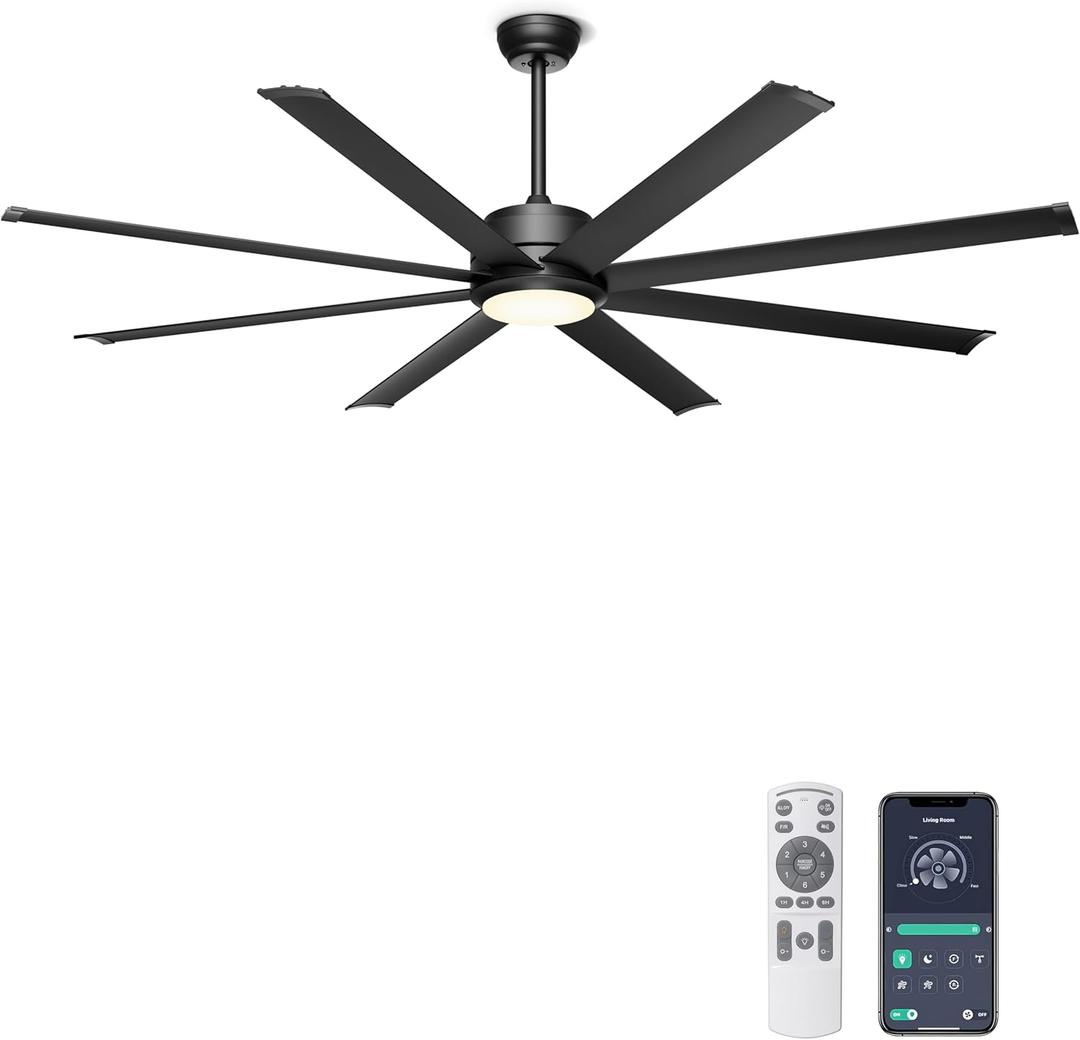 Ohniyou 60'' Ceiling Fan with Lights, Industrial Ceiling Fan with 5 Aluminum Blades, App/Remote Controlled, Dimmable, for Outdoor Patio, Living Room, Black