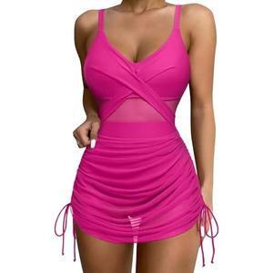 SUUKSESS Women One Piece Swim Dress Tummy Control Swimsuit Mesh Bathing Suit M