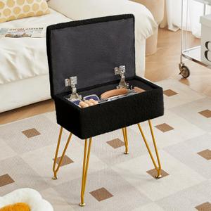 Alessing Vanity Stool Chair Ottoman with Storage, Sherpa Vanity Chair for Makeup Room, Rectangle Vanity Stools with Metal Legs, Soft Makeup Stool Footrest Footstools for Bedroom Living Room, Black