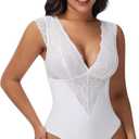 SHAPERIN Sexy Lace Bodysuit for Women Tummy Control Thong Shapewear Deep V Neck Body Suits Corset Tops Going Out Tank Top (White, L)