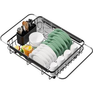 Kitsure Dish Drying Rack for Kitchen Counter, Stainless Steel Sink Organization and Storage Essentials with Cutlery Holder, Home and Appartment Decor, 12.2''W x 15.7''~23''L, Black