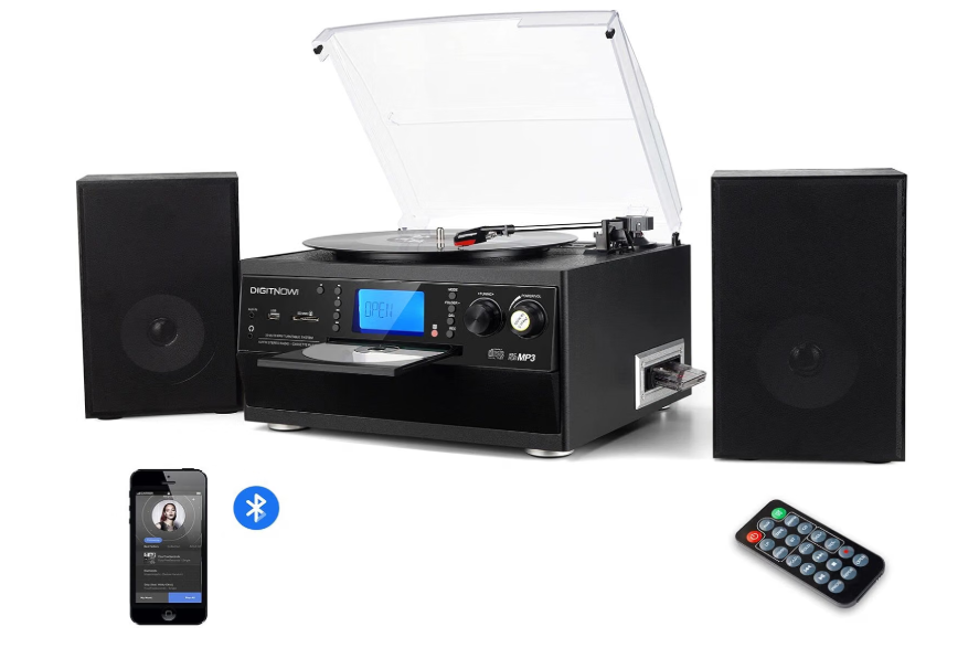 DIGITNOW Bluetooth Record Player Turntable with Stereo Speaker, LP Vinyl to MP3 Converter with CD, Cassette, Radio, Aux in and USB/SD Encoding, Remote Control, Audio Music Player Built in Amplifier
