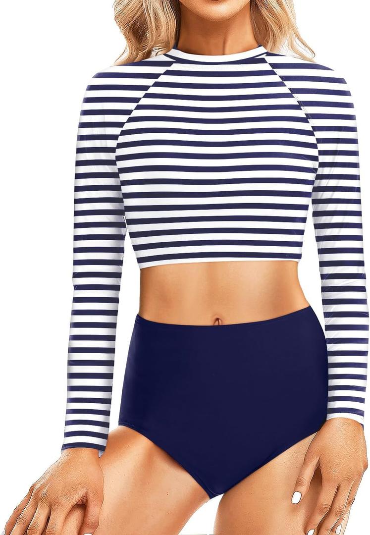 Pinup Fashion Long Sleeve Rash Guard - 2 Piece Swimsuit Bathing Suits with Bottom Swim Top UV UPF 50+ (Small, Blue Stripe)