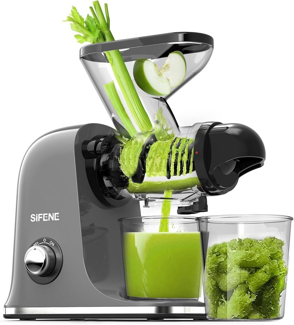 SIFENE Compact Slow Juicer, Easy to Clean, Quiet Masticating Juicer for Small Spaces, Dual Feed Chutes, Cold Press, BPA-Free, 280ml Mini Juicer for Celery, Carrots, Greens, 100W/150W, Dishwasher Safe, (Grey)