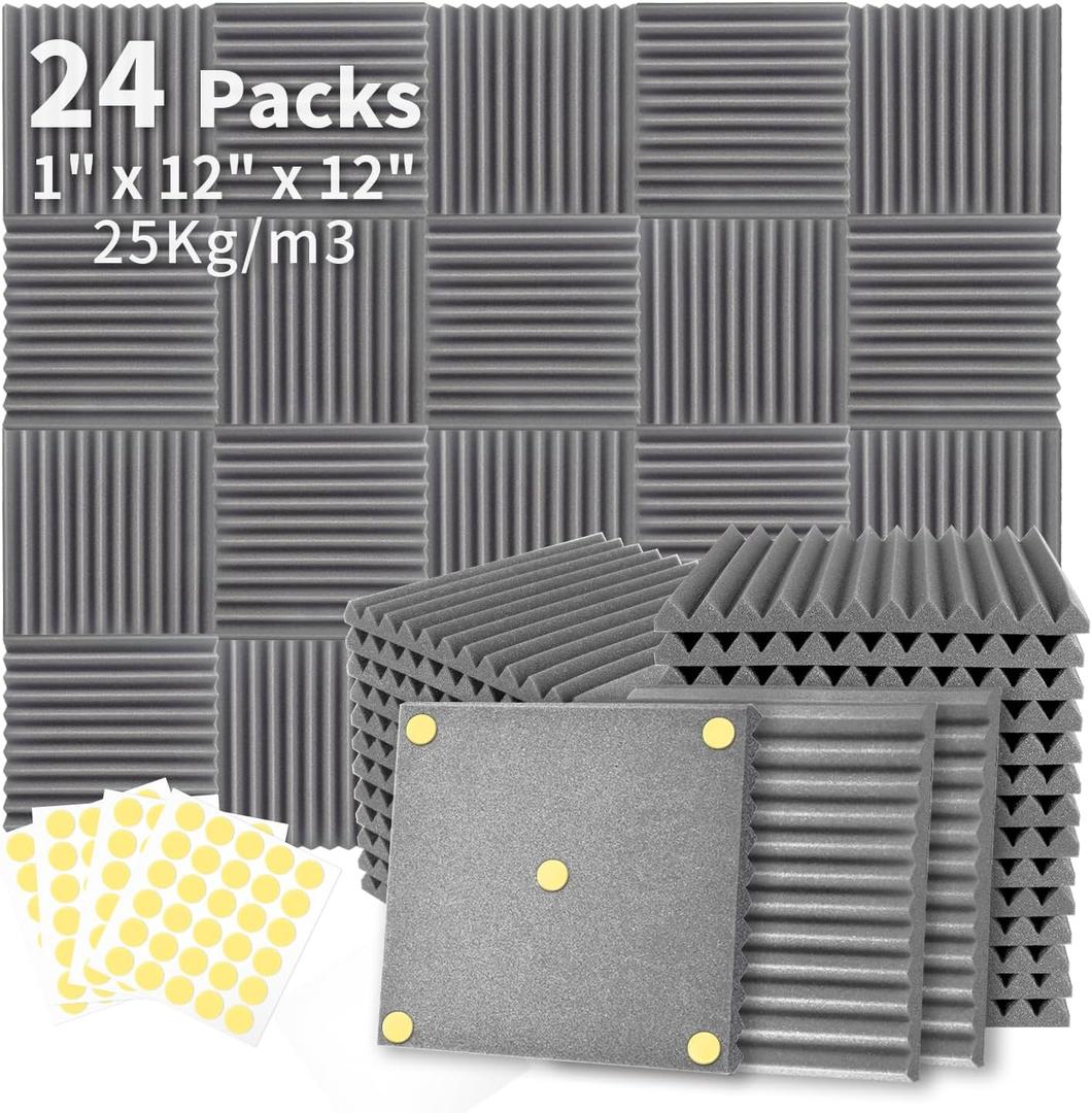 Focusound 24 Pack Grey Acoustic Foam Panels 1" x 12" x 12" Sound Proof Foam Panles Soundproofing Noise Cancelling Wedge Panels for Home Office Recoding Studio with 240PCS Double-Side Adhesive