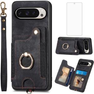Asuwish Phone Case for Google Pixel 9/9 Pro 5G Wallet Cover with Tempered Glass Screen Protector and Wrist Strap Lanyard RFID Card Holder Ring Stand Cell Accessories Pixel9 9Pro Nine Women Men Black