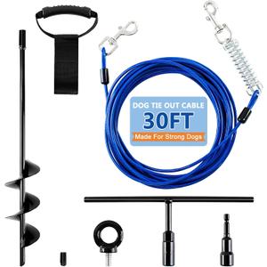 Deisunpet Heavy Duty Dog Tie Out Cable and Stake, Chew-Proof Dog Leads with Spring and Strap, Anti-Rust Ground Anchors with Extended T-Wrench, Dog Runner for Small Medium Dogs, for Yard Camping Beach, 30FT