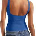 SUUKSESS Women Padded Open Back Boat Neck Tank Tops Double Lined Basic Shirts (Blue, L)