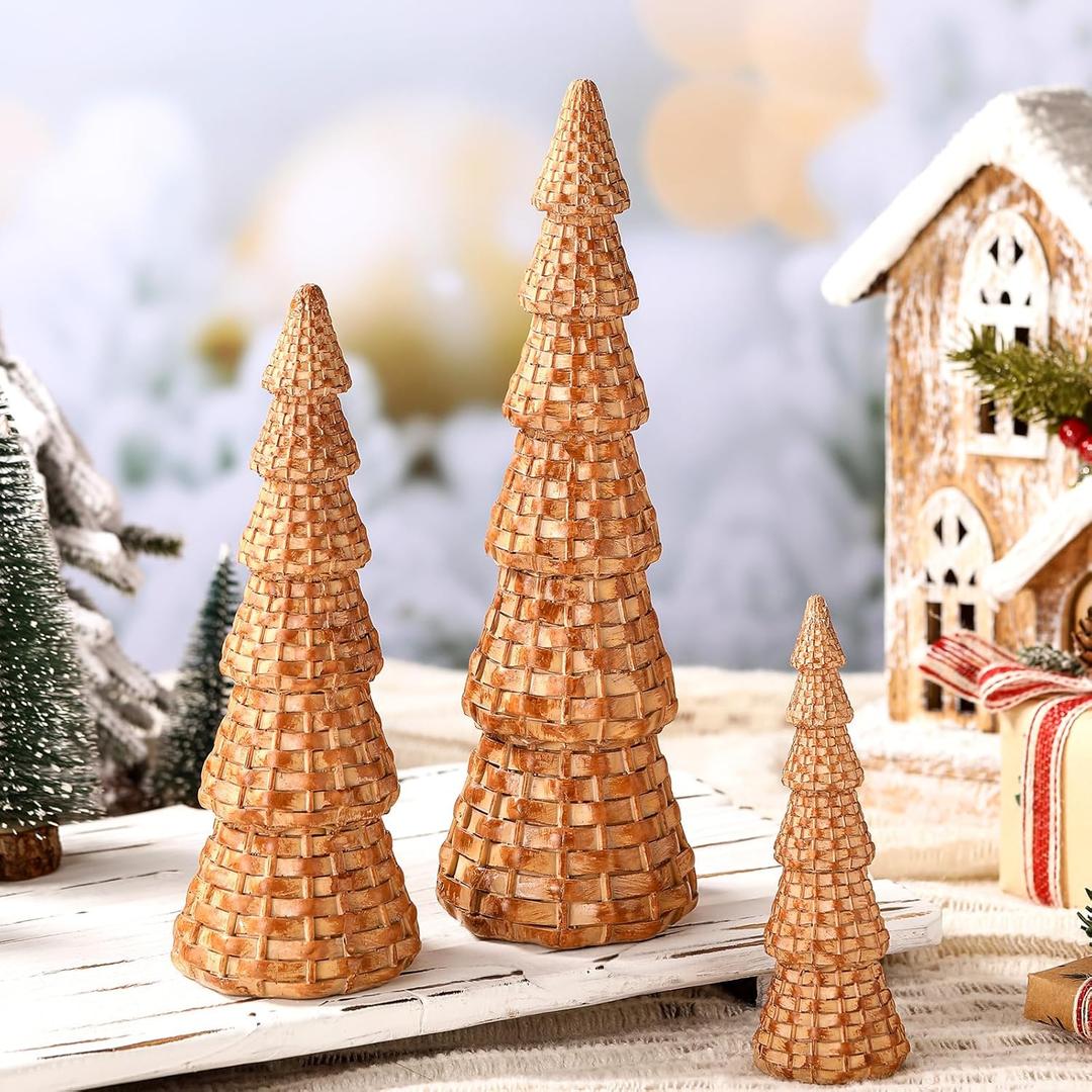 Soulchen 3 Pcs Rattan Resin Christmas Tree Cone Christmas Decor Tabletop Winter Minimalist for Holiday Entryway Table Mantel Centerpiece