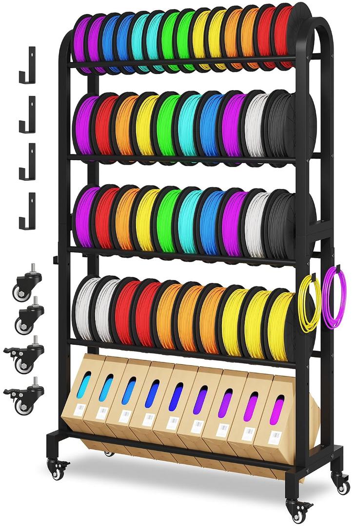 3D Printer Filament Storage Rack with Wheels, 5-Tier Adjustable Metal Shelf Holds 40 Spools, Mobile Filament Organizer with Hooks for PLA ABS TPU, 3D Printing Workspace & Studio, Large