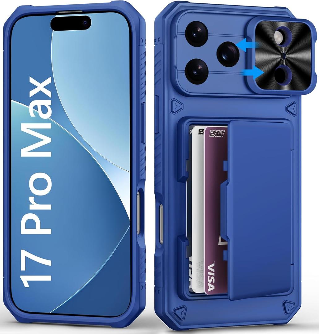 for iPhone 17 Pro Max Case Wallet with Card Holder (4-5 Cards), Slide Camera Cover, Military Grade Shockproof, Heavy Duty Rugged Women Men Phone Case for iPhone 17 Promax 6.9" 2025, Roral Blue