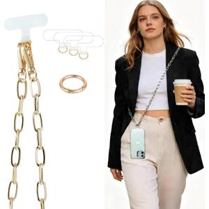 Crossbody Phone Lanyard Chain Shoulder CellPhone Strap Phone Charm Neck Chain iPhone Holder 3 Pad Patche Tether Universal for iPhone 16 Pro Max 15 14 11 Samsung S24 Flip 5 Google Moto Gold
