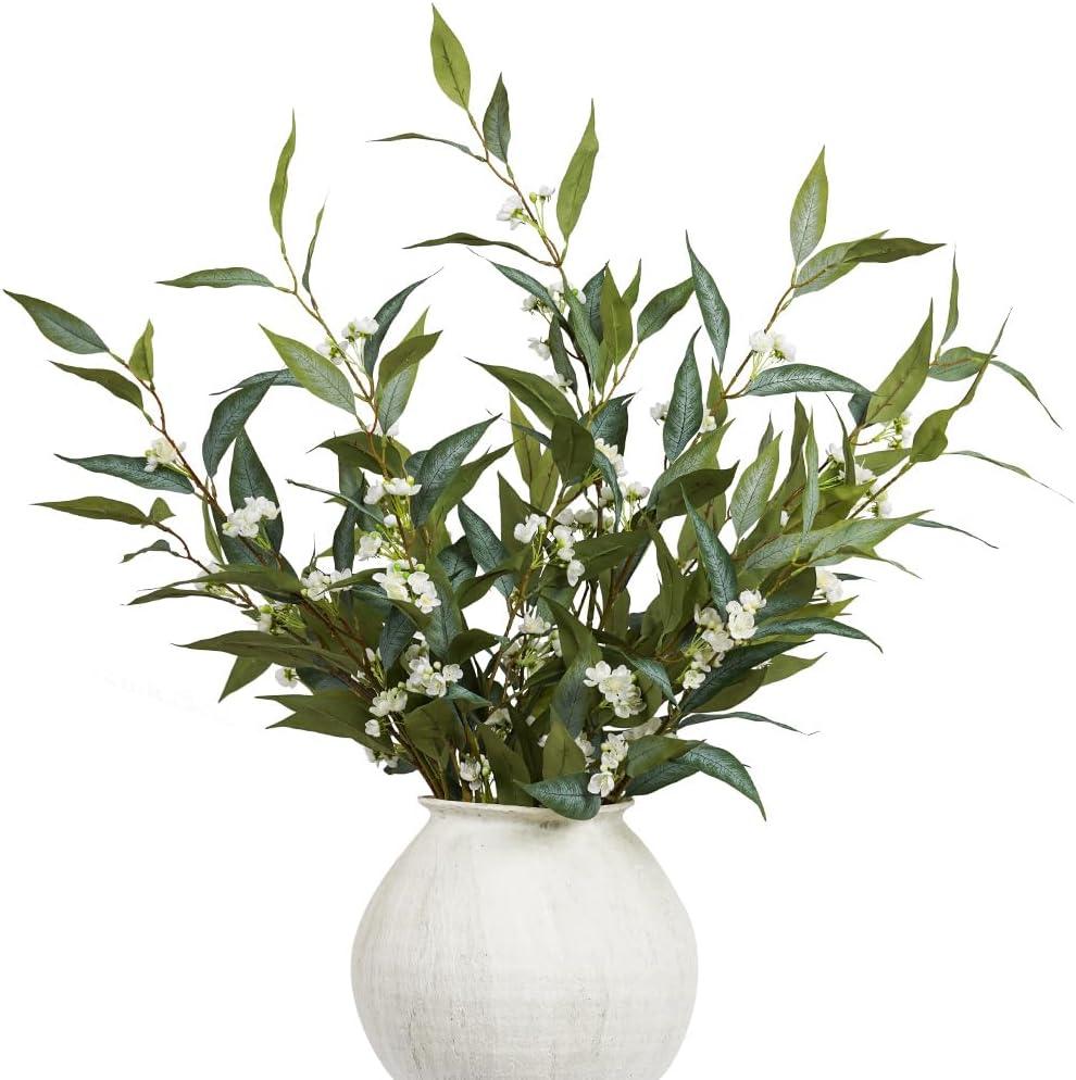 Artificial Plants, 6 Pcs 39 Inch Green Faux Stems for Vase,Faux Branches Greenery Stems Artificial Plants & Flowers for Home Decor (White Blossom)