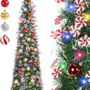 5 FT Pop Up Christmas Tree with Timer Lights and Decorations, Green Artificial Tinsel Christmas Tree with 24 Ball Ornaments, Collapsible Pencil Tree for Home, Office, Holiday Party