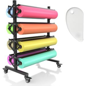 Paper Roll Dispenser Rack with Cutter, 8-Roll Butcher Craft Paper Holder, Gift Wrap & Art Kraft Rolls, Mobile Rolling Organizer with Ceramic Blade for Classrooms, Studios & Retail Stores, 38" x53" x 21 1/2"