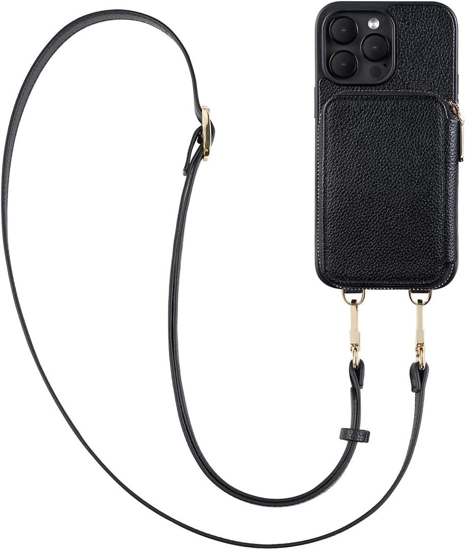 Crossbody Zipper Wallet Phone Case for iPhone 14 Pro Max, Premium Vegan Leather RFID Blocking Card Slot Holder Case with Removable Crossbody/Wrist Strap-Black