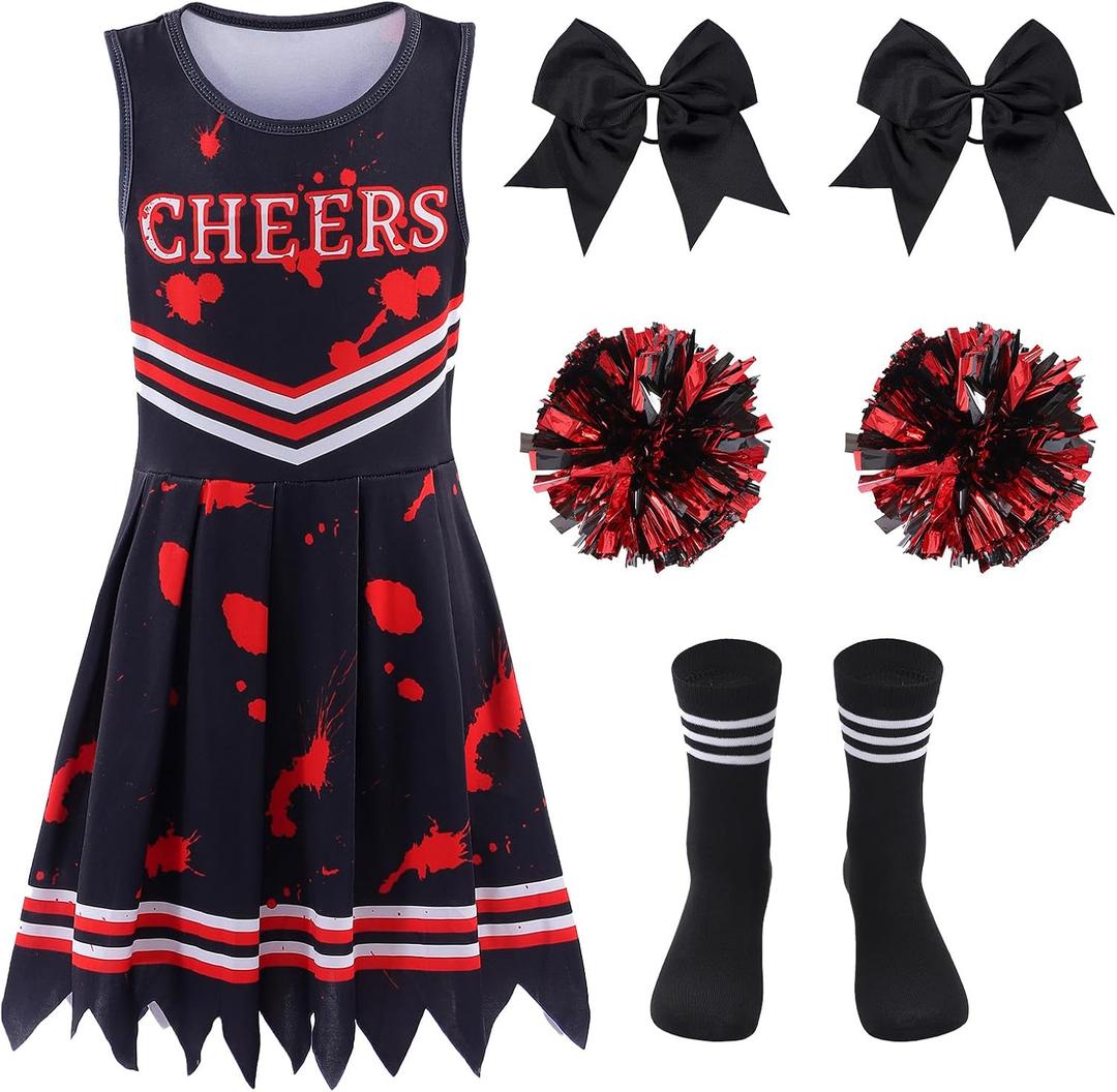 Zombie Cheerleader Costume for Girls Cheer Costumes Kids Halloween Scary Bloody Dress Accessories Set (Medium(7-8 Years), Black)