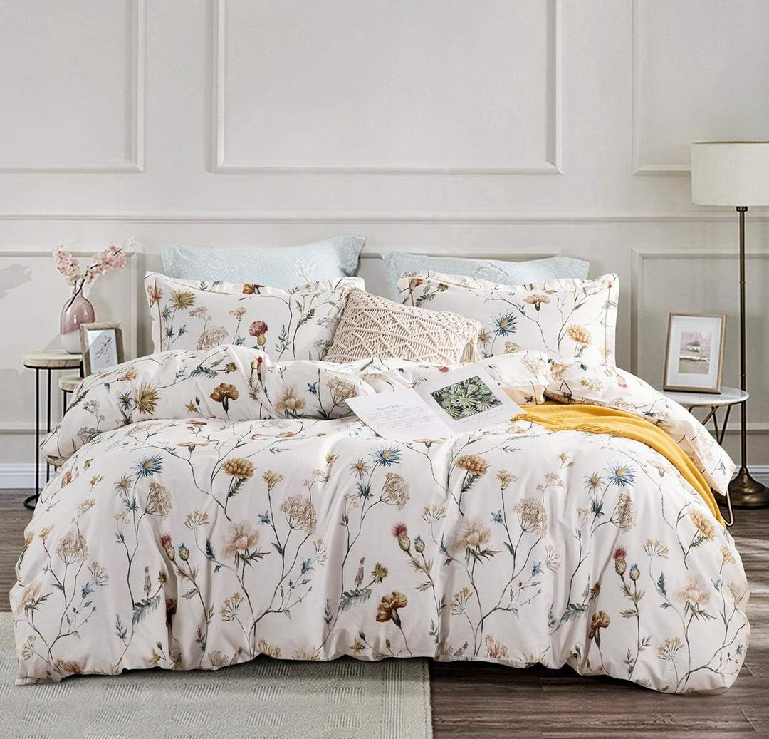 SLEEPBELLA Comforter Queen Size, 600 Thread Count Cotton White Printed with Blue & Blush Flowers Cotton Comforter Set,Down Alternative Bedding Set 3Pcs (Queen, White Floral)