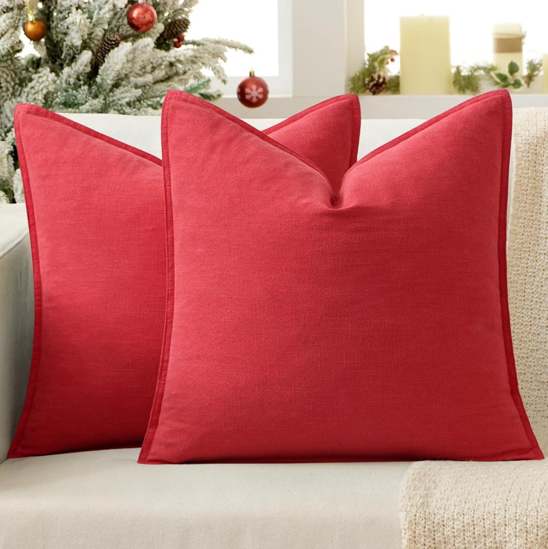 EMEMA Christmas Throw Pillow Covers Decorative Linen Pillow Covers 24x24 Inch Red Boho Farmhouse Neutral Couch Throw Pillows for Bed Pack of 2 Accent Pillowcase Modern Sofa Cushion Livingroom Home