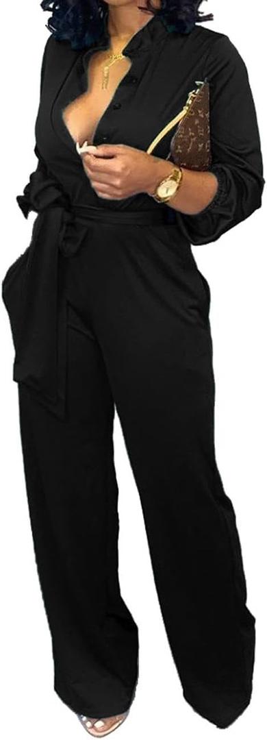 Jumpsuits For Women Elegant V Neck Long Sleeve Sexy Stand Collar Button Down Straight Long Pants Business Rompers With Pockets Waistband 3XL