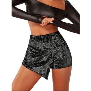 SHENHE Women's Glitter Shiny Shorts O Ring Wrap Skort Skirt Party Rave Sparkle Shorts (Black) S