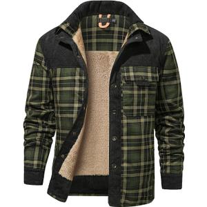 PEHMEA Men's Flannel Shirt Jacket Plaid Sherpa Lined, Warm Fleece Coat for Fall Winter Outdoor (Medium, Army Green)