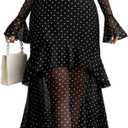 GothDark Womens Floral Maxi Dress Sheer Mesh Bell Sleeve Tiered Ruffle Gothic Romantic Casual Long Dresses (Large, Polka Dot Print)
