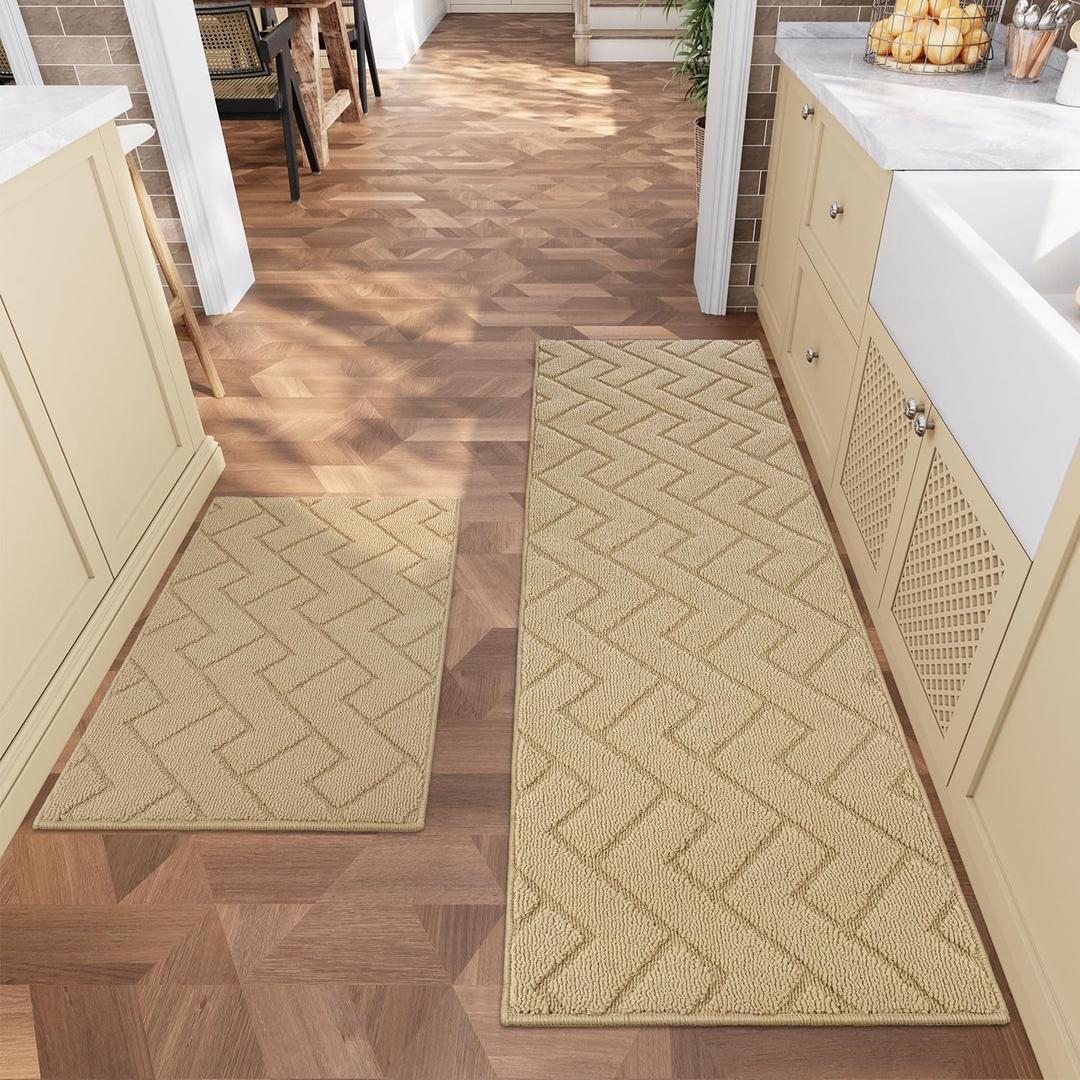 hicorfe Kitchen Runner Rugs and Mats Sets,2 Pieces Absorbent Non-Slip Kitchen Rug,Comfort Kitchen Mat for Floor, Washable for Kitchen,Hallway,Sink,Laundry(20"x59"+20"x32",Brown)