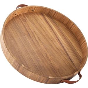 Ottoman Tray with Handles, 20 Inches Round Large Tray for Ottoman Wooden Serving Tray Decorative Trays for Living Room Wooden Trays for Party, Dinner, Breakfast, Appetizers, Entertaining Guests