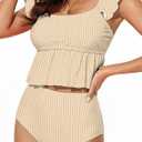Dokotoo Two Piece Tankini Swimsuits for Women 2026 Square Neck Ruffle Cap Sleeve Bathing Suits Striped Swim Suits, Large, Yellow Stripe