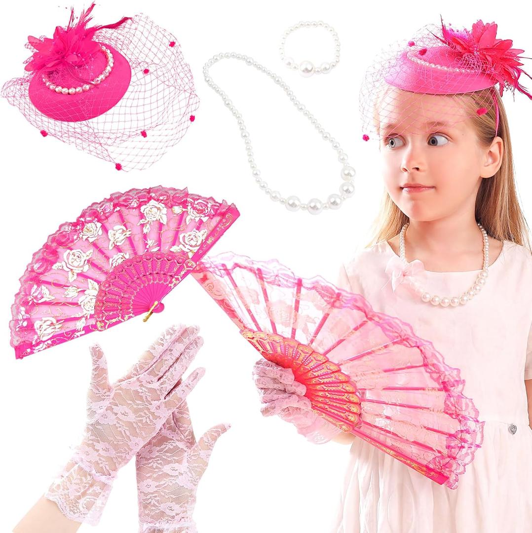 JeVenis Tea Party Necklace for Kids, Tea Party Hats & Supplies, Decoration Set (Pink)