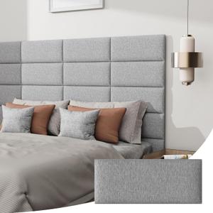 Peel and Stick Headboard for Queen Size, Upholstered Fabric Tufted Wall Mounted Headboard, Pack of 6 Panels (Each 24"x10", Light Gery)