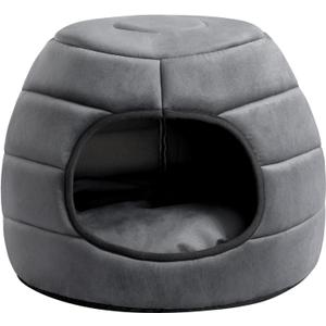 Hollypet Coral Velvet Cat Bed, 161612.5 inches 2 in 1 Foldable Cave, Self-Warming High Elastic Foam Pet Bed for Cats, Dark Gray