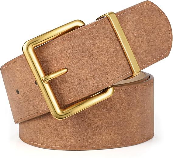 XZQTIVE Women Wide Chunky Belt for Dresses Fashion Thick Suede Belt with Gold Buckle (Fit Waist Size 28"-32", Brown)