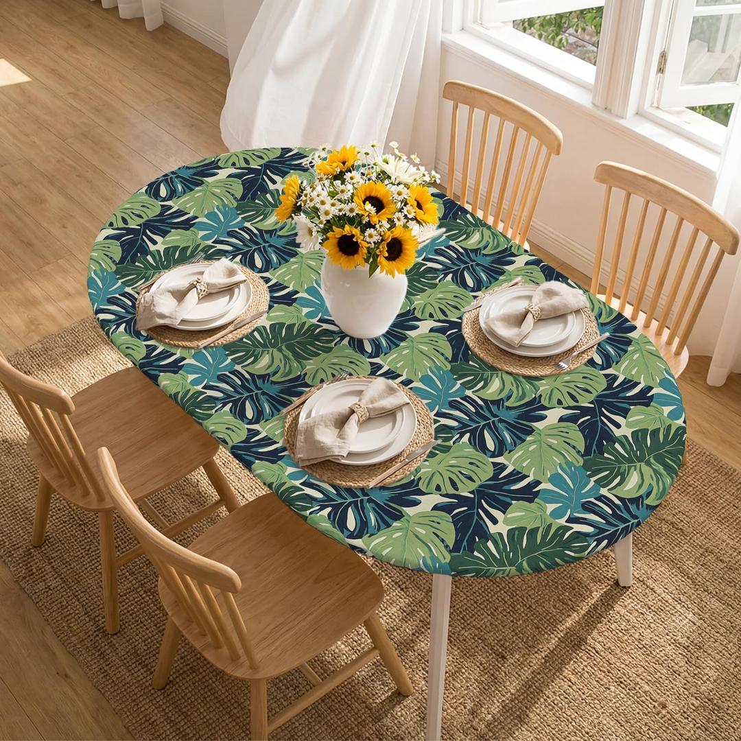 Horaldaily Summer Fitted Tablecloth 68 x 48 Inch Oval, Monstera Deliciosa Green Washable Table Cover Elastic Edged for Dinning, Picnic, Camping, Banquet