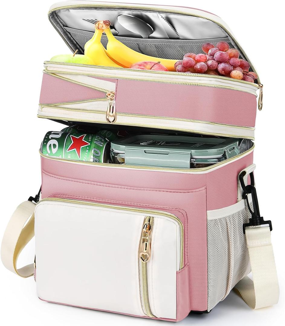 LOKASS Lunch Box for Women, 16L, Double Deck Expandable Insulated Lunch box For Adults/Women Thermal Large Waterproof Leakproof Cooler Bag with Shoulder Strap - Light Pink