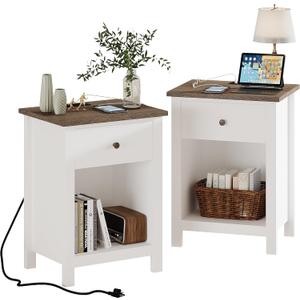 ChooChoo Farmhouse Nightstand Set of 2,Night Stand with Charging Station, Wooden Top Bedside End Table with Drawer and Storage Space for Bedroom, White (White)