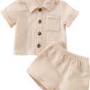 Baby Boys Clothes Set Toddler Infant Boys Button-down Shirt Tops + Cotton Gauze Shorts Summer Outfit 2PCS with Pockets (Beige), 110