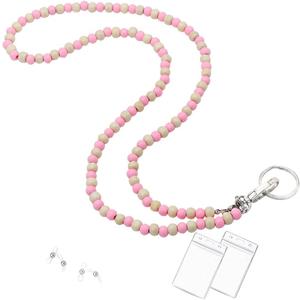 C&L Accessories Beaded Wood Lanyard with Id Holder - Lanyards for Women Keys & ID Badges (Pink/White)