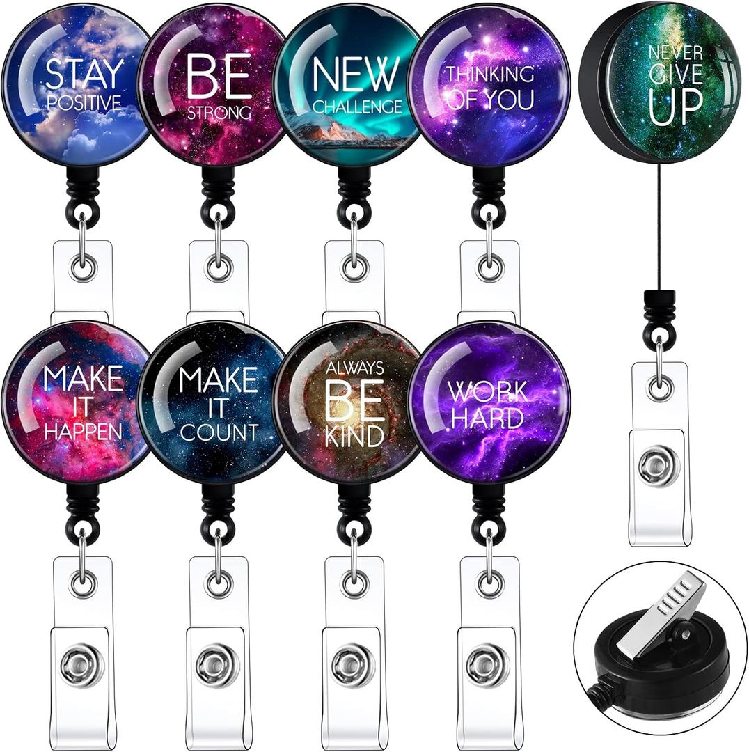 Zonon 9 Pcs Badge Reel Retractable Badge Holder with Swivel Alligator Clip Motivation Quote Cute Retractable Clip Alligator for ID Card Holders Nurses Teachers Office Worker