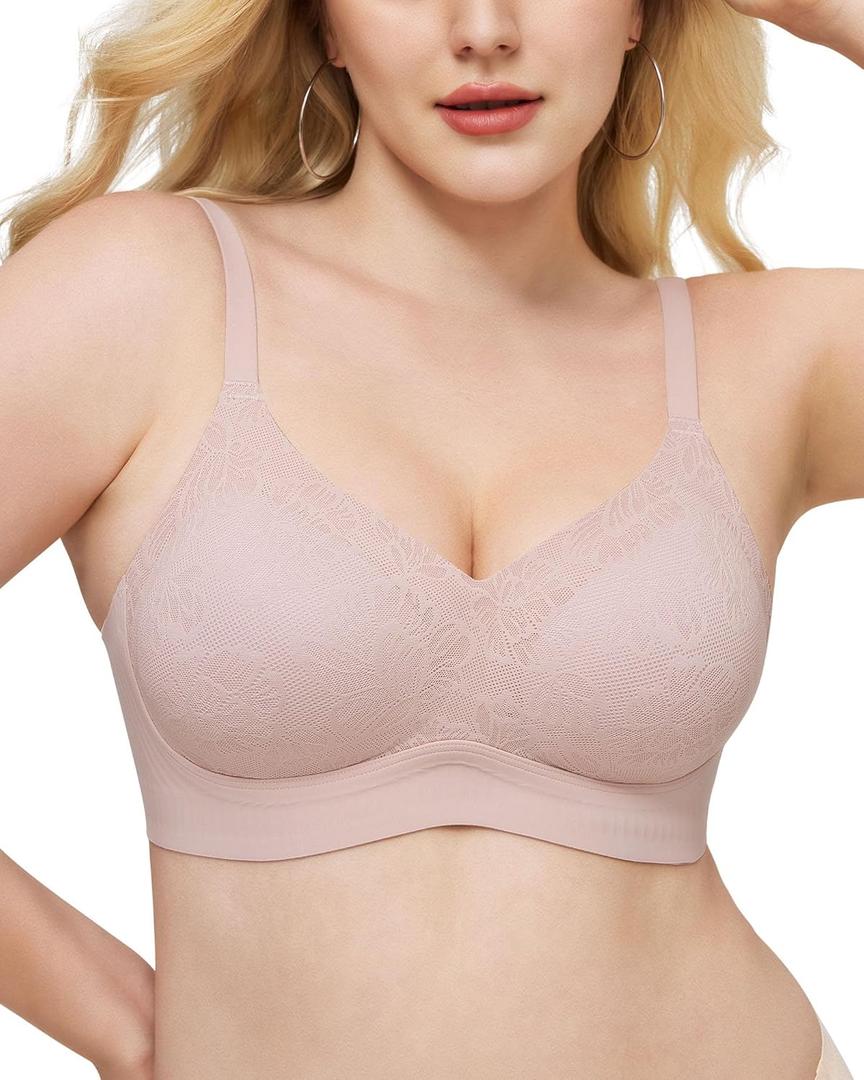 As Fairy Bras for Women Lace V Neck Seamless Wireless No Underwire Supportive Pushup Brasieres Comfortable T Shirt Bra (42B, Pink)