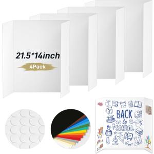 4 Pcs Small Trifold Poster Board, 21.5 x 14 inches Poster Board with Double Sided Tapes and Cardboard, Corrugated Presentation/Display Board for School Project, Science Fair, Business