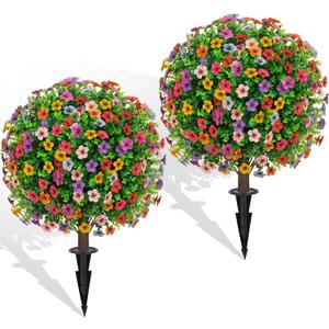 Artificial Topiary Ball Trees Set of 2 with Colorful Flowers, UV Resistant Faux Boxwood Plants Outdoor with Spike, Fake Bushes Round Shrubs for Porch, Garden, Yard, Patio Fall Outdoor Plant