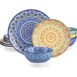vancasso Mandala 12 Pieces Dinnerware Sets, Porcelain Dinner Set for 4, Boho Plates and Bowls Set, Colorful Dish Sets