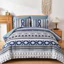 Dinjoy Navy Boho Comforter Set Queen Size,7 Pieces Bed in a Bag Queen Dark Blue Aztec Bedding with Sheets Bohemian Geometric Striped Complete Set for Fall Winter 90"x90"