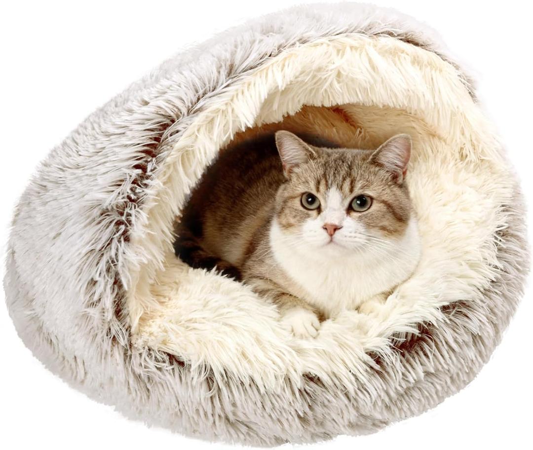 Arquiel Cat Bed Round, Hooded Cat Bed Cave Fluffy Dog Beds, Cozy Donut Anti Anxiety Dog Bed for Small Dog and Cat, Gifts for Cat Lovers(20×20inch, Coffee)