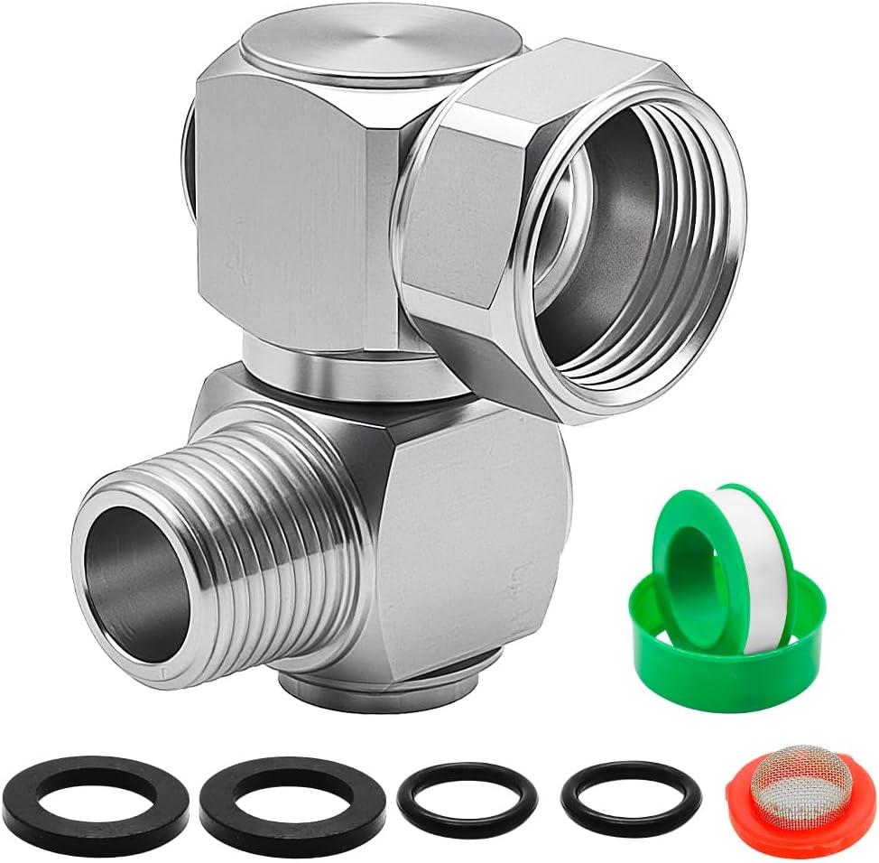 Upgraded Graden Hose Swivel Elbow, 3/4" Dual Swivel Garden Hose Adapter, 304 Stainless Steel Double Swivel Hose Elbow, 3/4" GHT Female to1/2 NPT Male Hose Kink Protector(304SS)