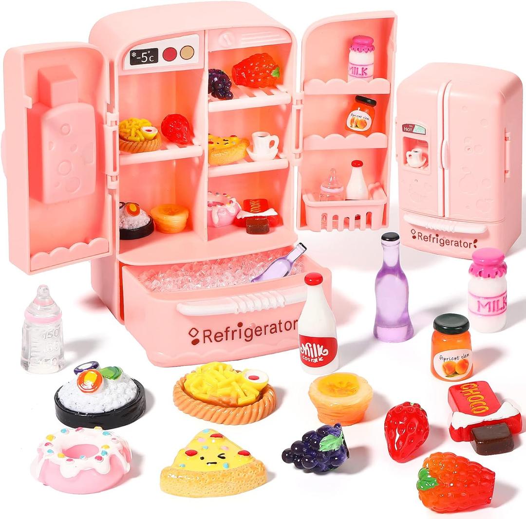 Civaner 17 Pieces Dollhouse Refrigerator Mini Fridge Toy with Christmas Mini Food Set Dollhouse Kitchen Furniture Food Toy Miniatures Kitchen Decoration Bottle Fruit Dessert for People (Lovely Style)