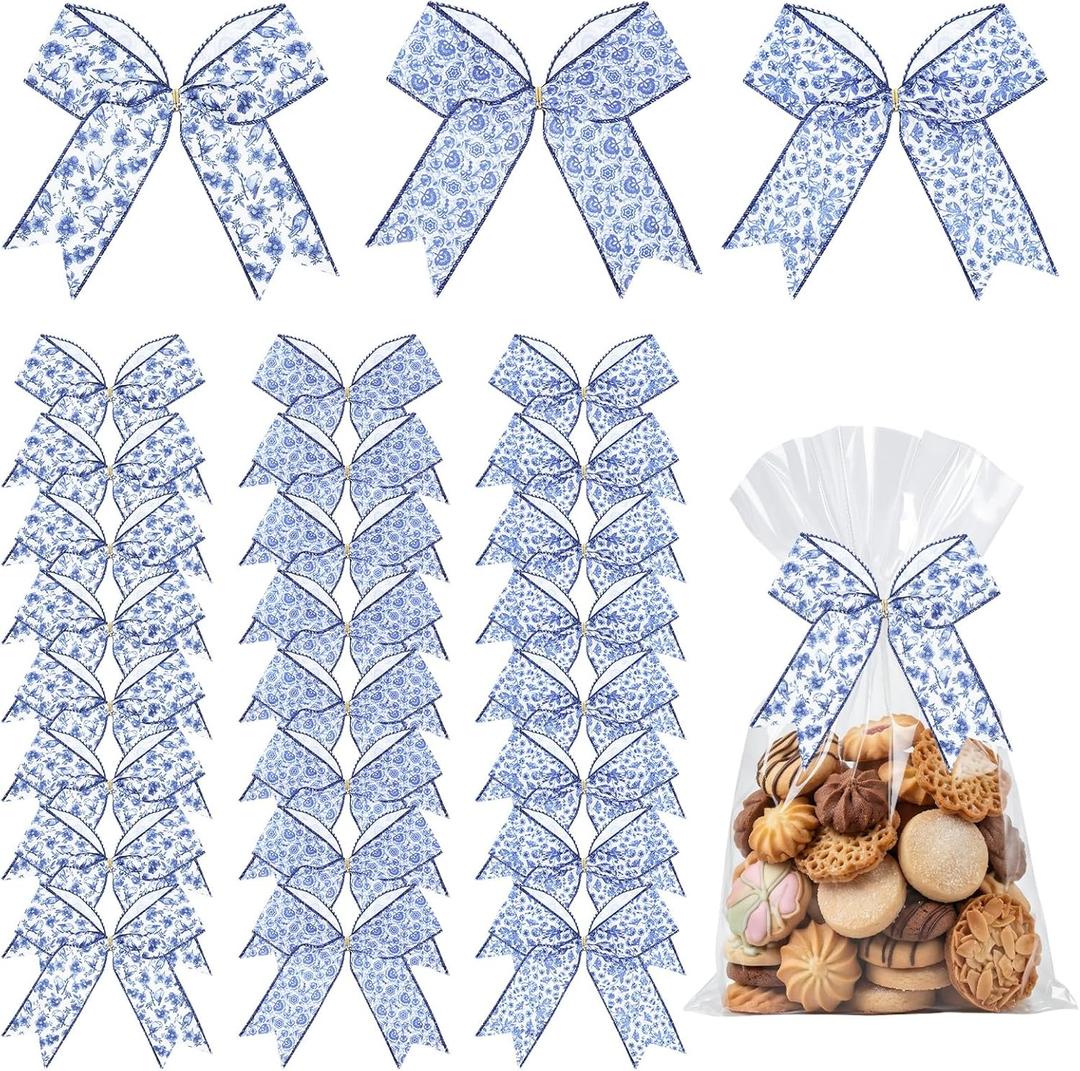 24pcs Pre-Tied Blue Bows with Twist Ties Spring Chinoiserie Blue Bow for Wreath,Blue and White Floral Wired Edge Ribbon Bows,for Front Door Spring Party for Gift Wrapping, Wedding Party