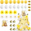 Winnie Bear Cake Topper 33Pcs Winnie Cake Decorations Pooh Bear Toppers Yellow White Balls Cupcake Picks with Little Figurine Bee Sunflowers Daisys for Oh Baby Birthday Baby Shower Party